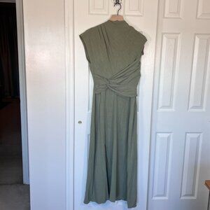 ASOS DESIGNS Linen Blend High Neck Twist Front Midi Dress Olive Green Size 8